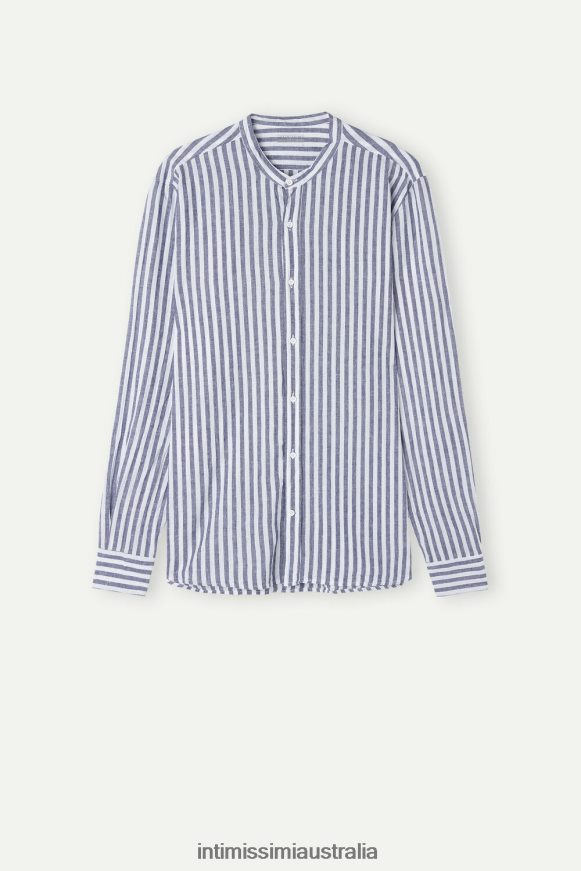 Intimissimi Men 297J-White Blue Stripes Apparel 0RJT48155 Striped Linen and Cotton Mandarin-Collar Shirt