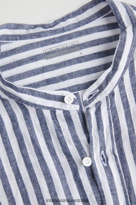 Intimissimi Men 297J-White Blue Stripes Apparel 0RJT48155 Striped Linen and Cotton Mandarin-Collar Shirt