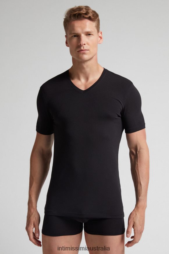 Intimissimi Men 019-Black Apparel 0RJT48280 Stretch Supima Cotton T-Shirt with V Neck