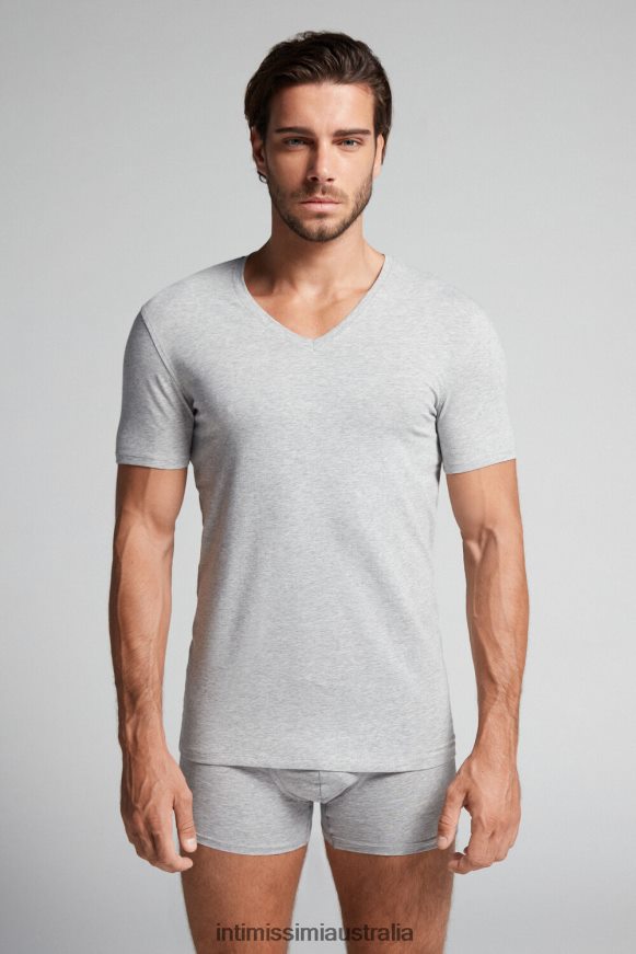 Intimissimi Men 031-Light Grey Melange Apparel 0RJT48284 Stretch Supima Cotton T-Shirt with V Neck