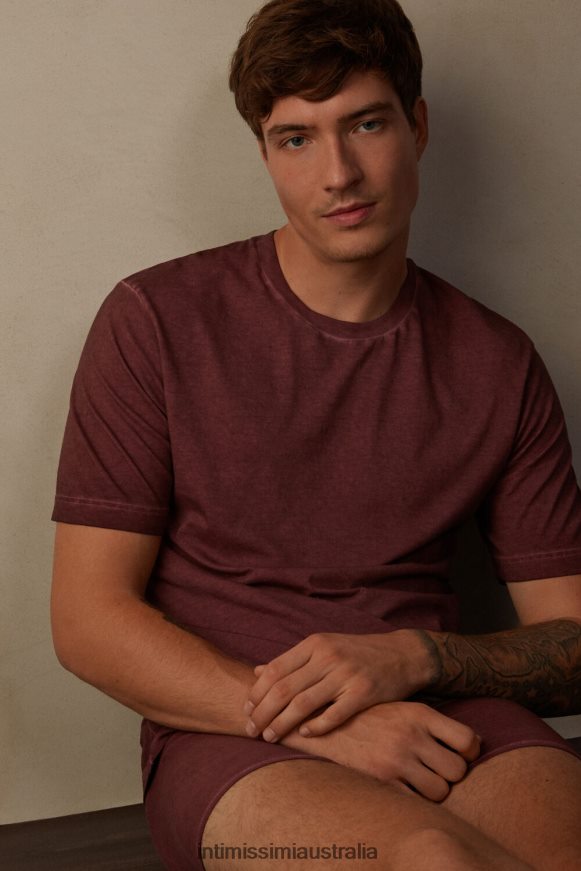 Intimissimi Men 4891-Bordeaux Washed Apparel 0RJT48207 Oil Washed Short-Sleeved Cotton Top