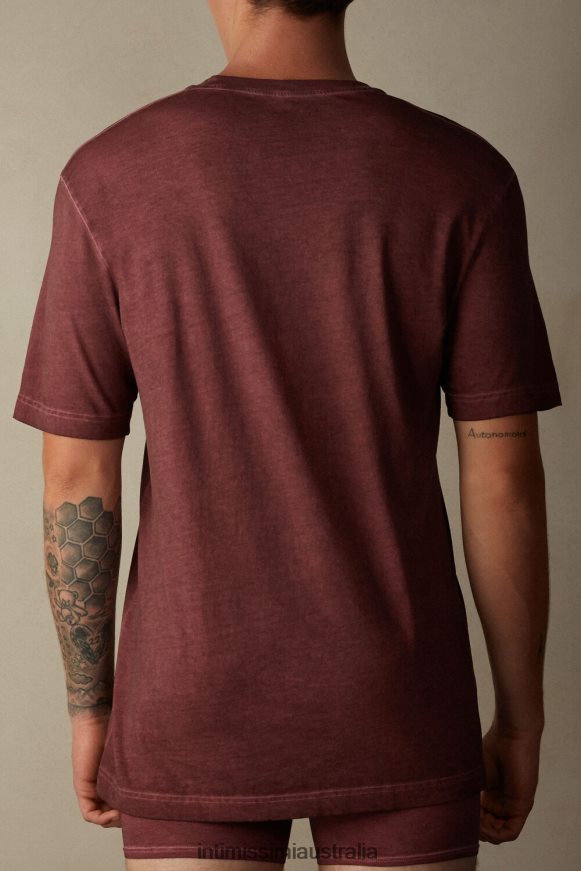Intimissimi Men 4891-Bordeaux Washed Apparel 0RJT48207 Oil Washed Short-Sleeved Cotton Top