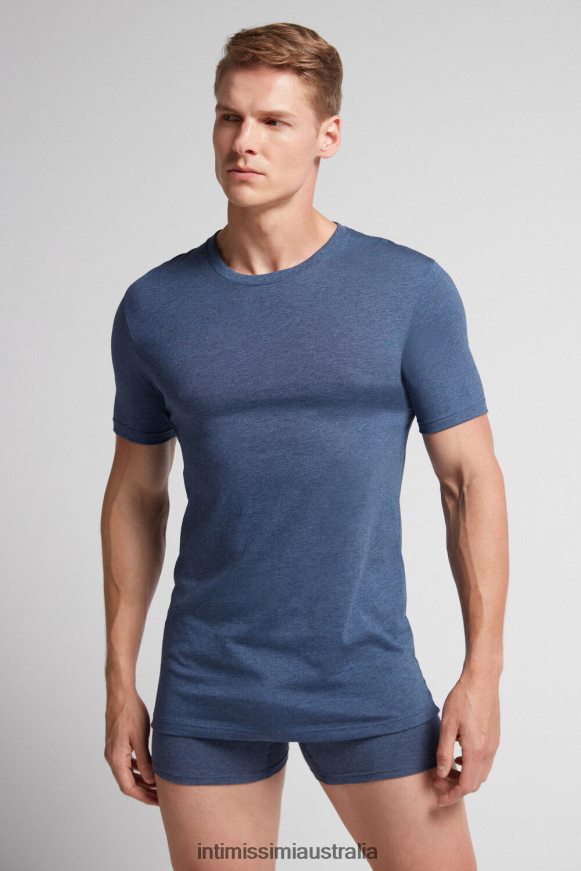 Intimissimi Men 5210-Denim Blue Blend Apparel 0RJT48317 Short Sleeve Round Neck T Shirt in Supima Cotton
