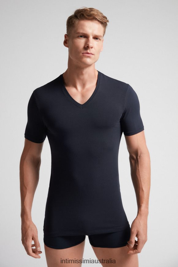 Intimissimi Men 800-Midnight Blue Apparel 0RJT48282 Stretch Supima Cotton T-Shirt with V Neck