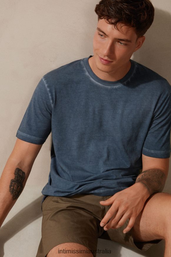 Intimissimi Men 857I-Dark Blue Apparel 0RJT48212 Oil Washed Short-Sleeved Cotton Top