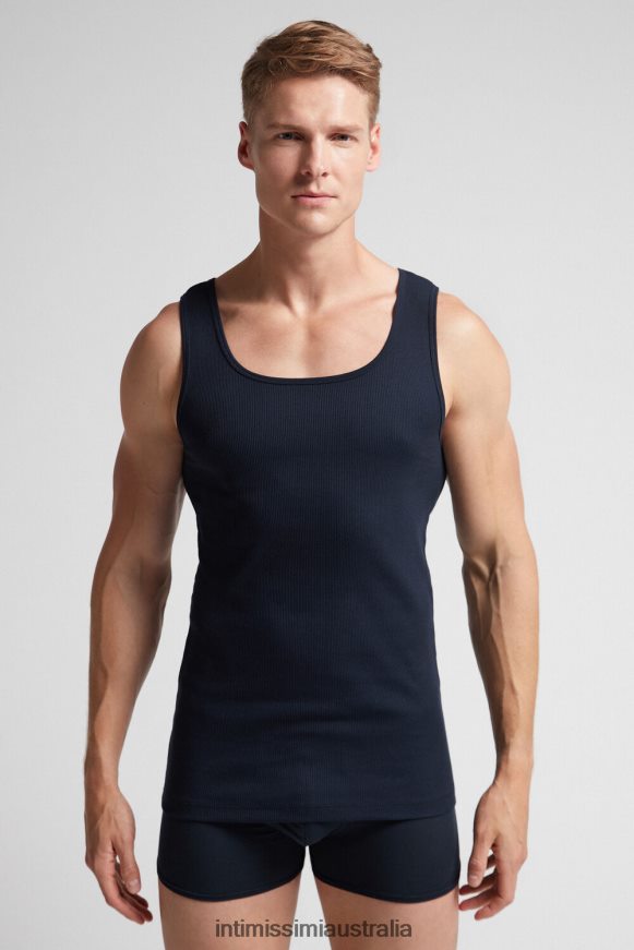 Intimissimi Men 800-Midnight Blue Apparel 0RJT48241 Ribbed Supima Cotton Tank Top