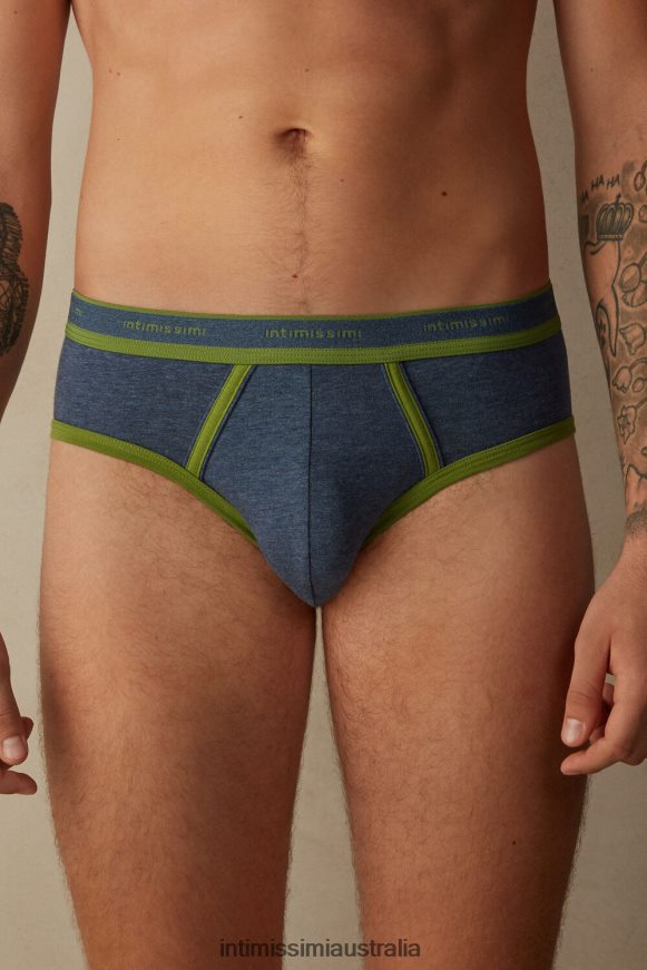 Intimissimi Men 129J-Denim Blue Melange/Green Underwear 0RJT4859 Stretch Supima Cotton Brief with Logo Detail