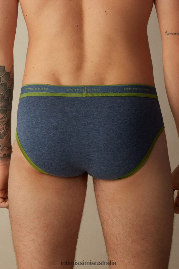Intimissimi Men 129J-Denim Blue Melange/Green Underwear 0RJT4859 Stretch Supima Cotton Brief with Logo Detail