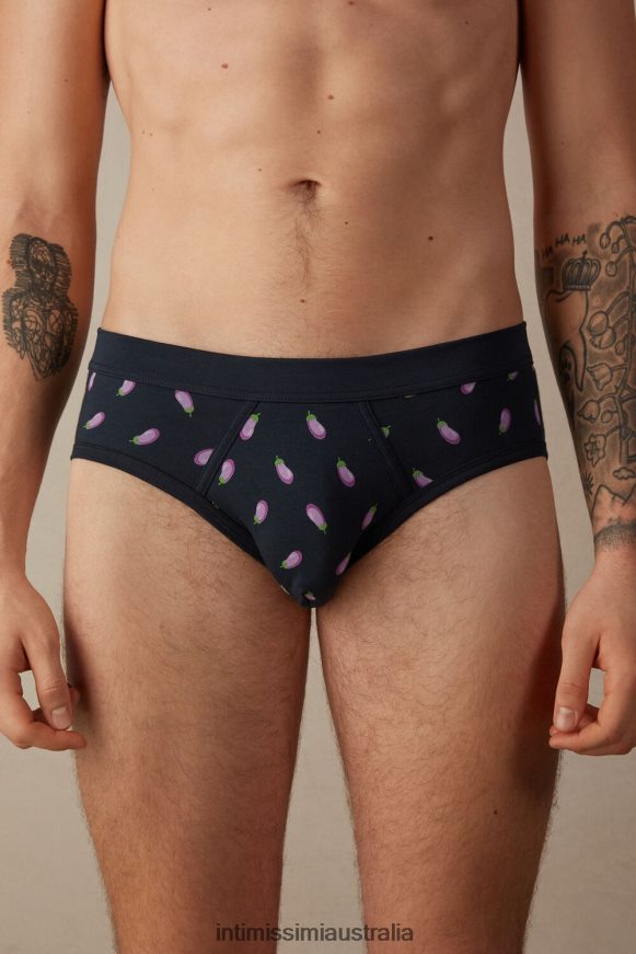 Intimissimi Men 181J-Aubergine-Print Midnight Blue Underwear 0RJT4842 Stretch Supima Cotton Aubergine Briefs
