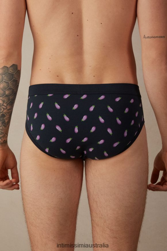 Intimissimi Men 181J-Aubergine-Print Midnight Blue Underwear 0RJT4842 Stretch Supima Cotton Aubergine Briefs