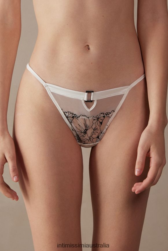 Intimissimi Women 4718-Powder White/Black Underwear 0RJT48959 Pure Joy Thong with Side Straps