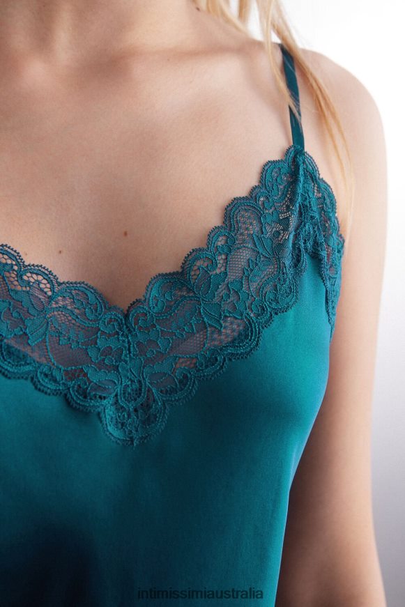 Intimissimi Women 346J-Teal Blue Apparel 0RJT481208 Silk Slip with Lace Insert Detail