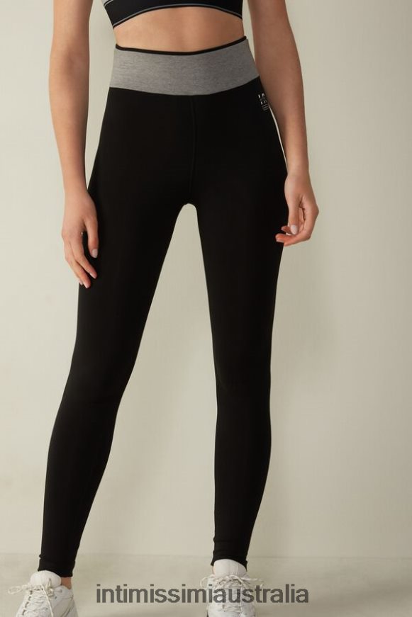Intimissimi Women 731I-Black/Mid Grey Melange Apparel 0RJT481398 In Action Stretch Organic Cotton Leggings