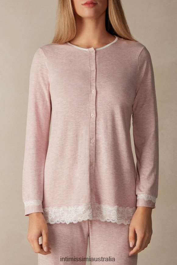 Intimissimi Women 008J-Light Pink Melange Apparel 0RJT481579 Modal and Lace Button-Down Top
