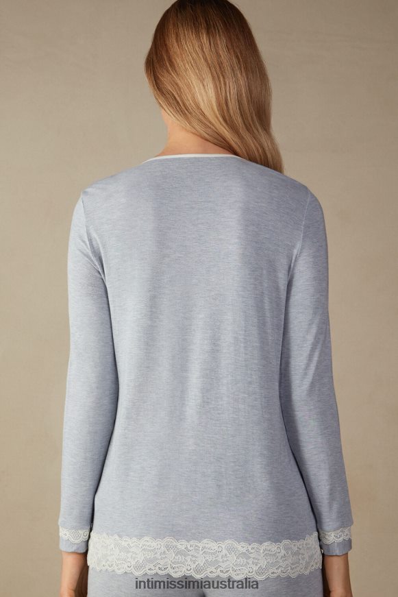 Intimissimi Women 009J-Light Blue Melange Apparel 0RJT481605 Modal and Lace Button-Down Top