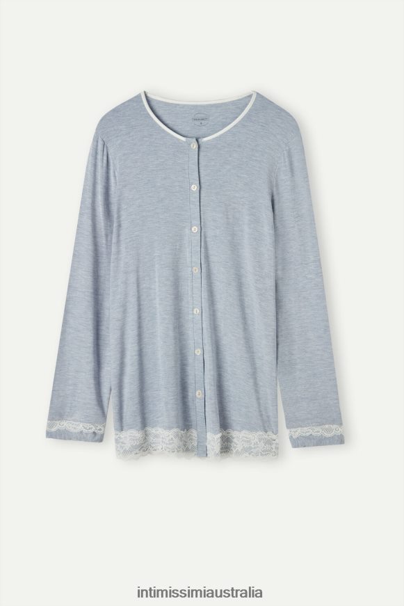 Intimissimi Women 009J-Light Blue Melange Apparel 0RJT481605 Modal and Lace Button-Down Top