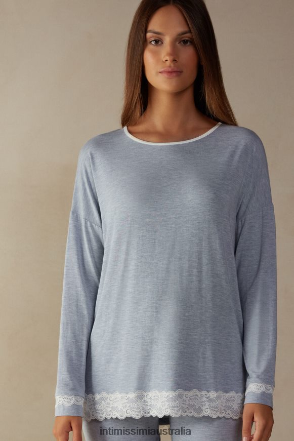 Intimissimi Women 009J-Light Blue Melange Apparel 0RJT481619 Long-Sleeve Round-Neck Modal Top