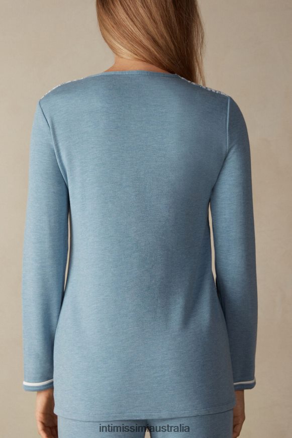 Intimissimi Women 145J-Light Blue Melange/Powder White Apparel 0RJT481588 Romantic Bedroom Modal with Wool Button-Down Top