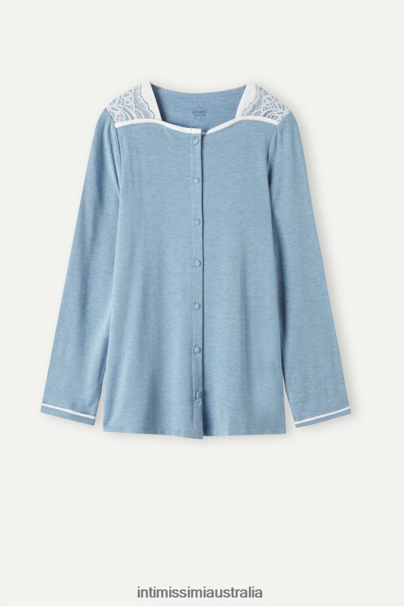 Intimissimi Women 145J-Light Blue Melange/Powder White Apparel 0RJT481588 Romantic Bedroom Modal with Wool Button-Down Top