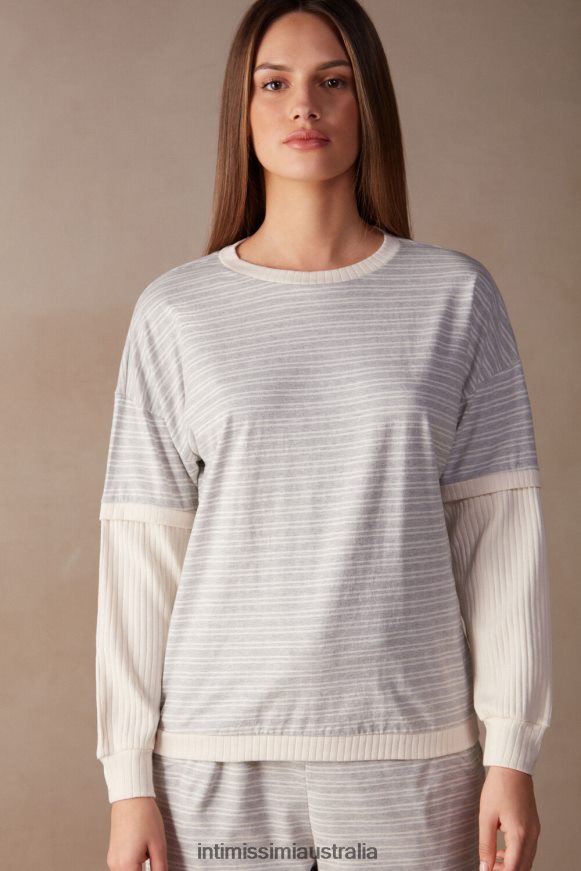Intimissimi Women 224J-Grey Melange/Vanilla Beige Stripe Apparel 0RJT481559 Casual Sunday Long-Sleeved Top
