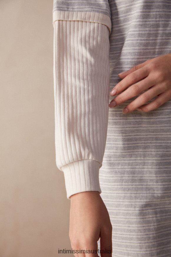 Intimissimi Women 224J-Grey Melange/Vanilla Beige Stripe Apparel 0RJT481561 Casual Sunday Long-Sleeved Nightdress