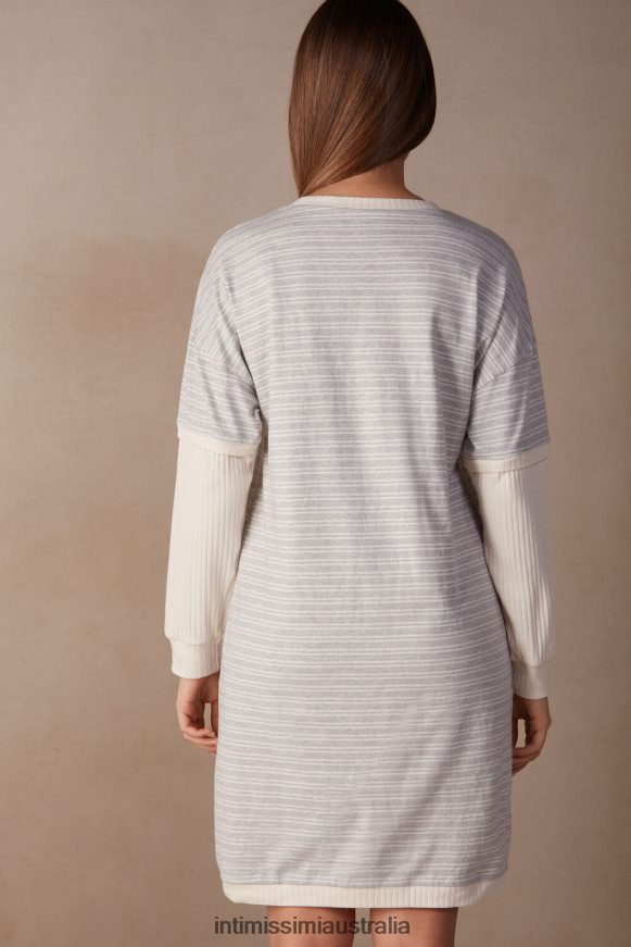 Intimissimi Women 224J-Grey Melange/Vanilla Beige Stripe Apparel 0RJT481561 Casual Sunday Long-Sleeved Nightdress