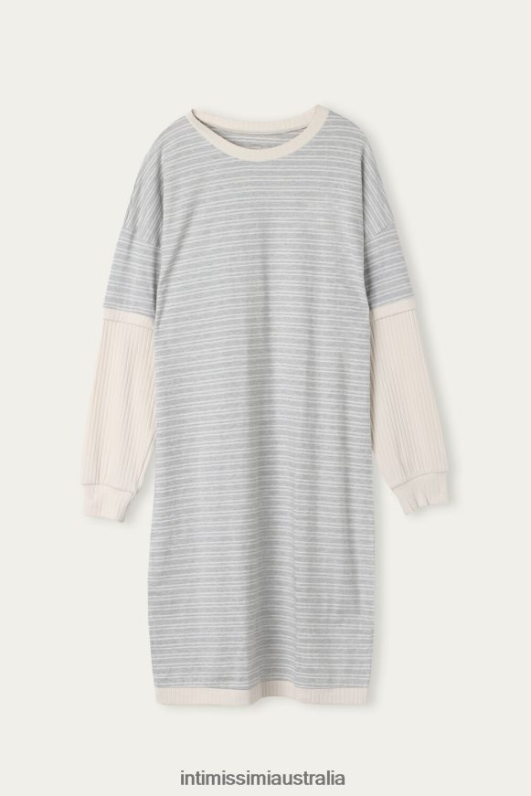 Intimissimi Women 224J-Grey Melange/Vanilla Beige Stripe Apparel 0RJT481561 Casual Sunday Long-Sleeved Nightdress
