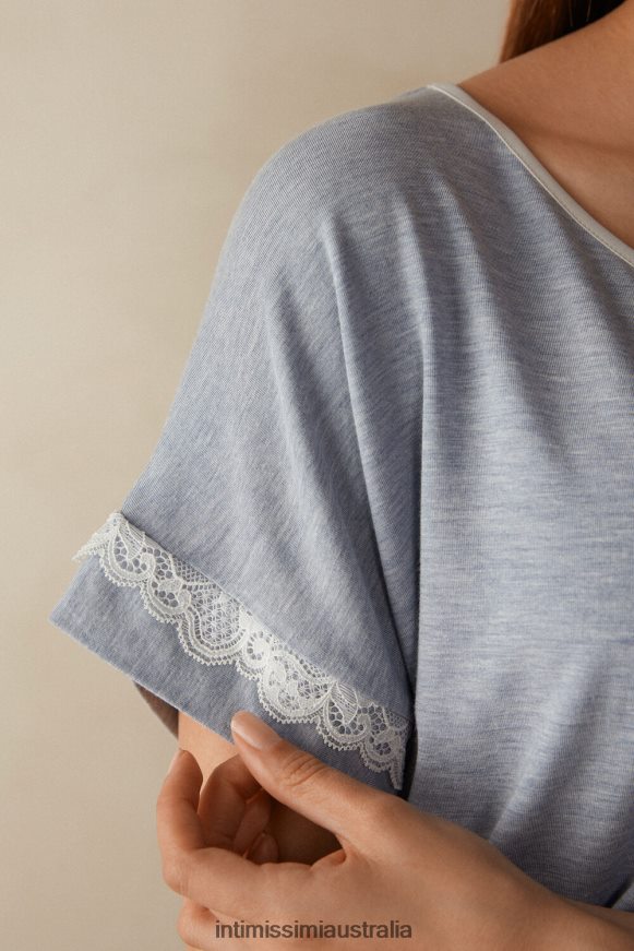 Intimissimi Women 009J-Light Blue Melange Apparel 0RJT481634 Short-Sleeve Modal Top with Lace Detail
