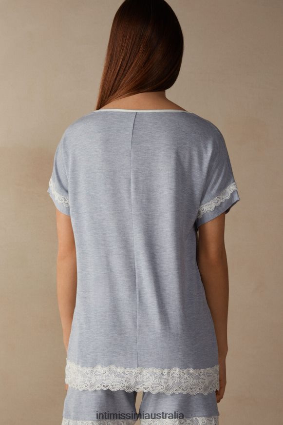 Intimissimi Women 009J-Light Blue Melange Apparel 0RJT481634 Short-Sleeve Modal Top with Lace Detail