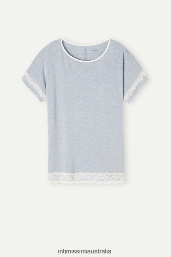 Intimissimi Women 009J-Light Blue Melange Apparel 0RJT481634 Short-Sleeve Modal Top with Lace Detail