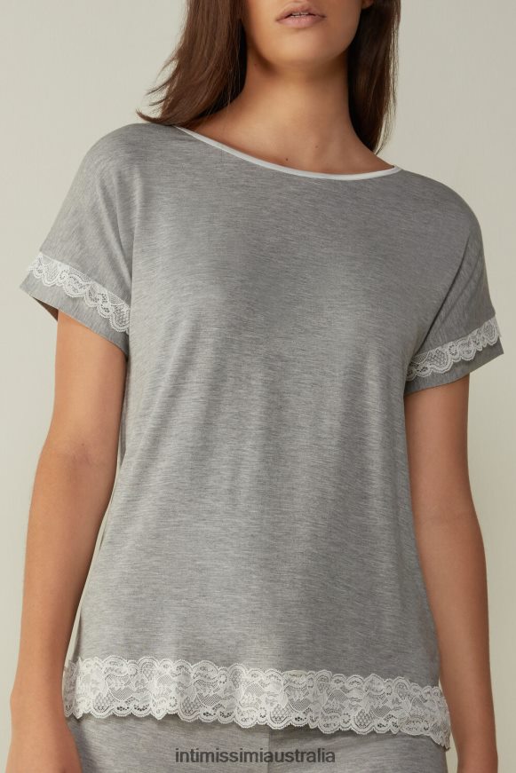 Intimissimi Women 031-Light Grey Melange Apparel 0RJT481672 Short-Sleeve Modal Top with Lace Detail