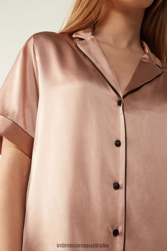 Intimissimi Women 163I-Satin Pink Apparel 0RJT481645 Short-Sleeved Satin Shirt with Contrasting Trim