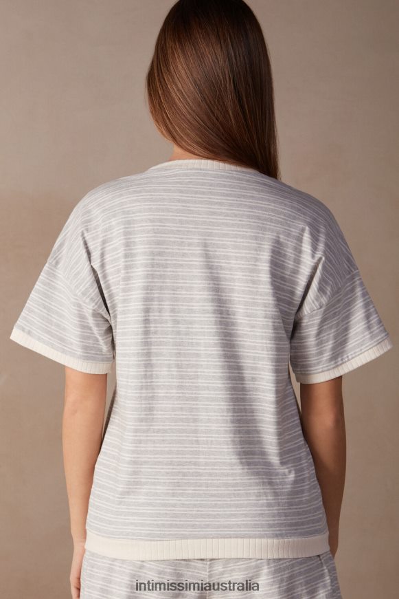 Intimissimi Women 224J-Grey Melange/Vanilla Beige Stripe Apparel 0RJT481560 Casual Sunday Short-Sleeved Top
