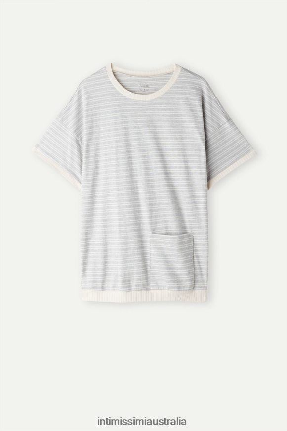 Intimissimi Women 224J-Grey Melange/Vanilla Beige Stripe Apparel 0RJT481560 Casual Sunday Short-Sleeved Top
