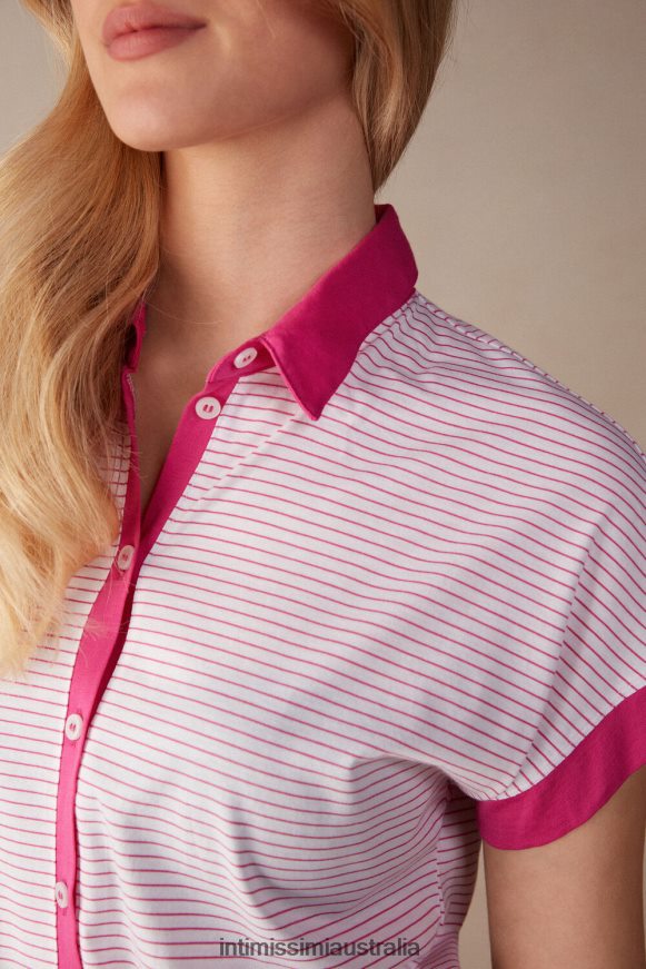 Intimissimi Women 247J-Pink Valentine Stripe Apparel 0RJT481539 Strawberry Milkshake Short-Sleeved Ultrafresh Supima Cotton Shirt