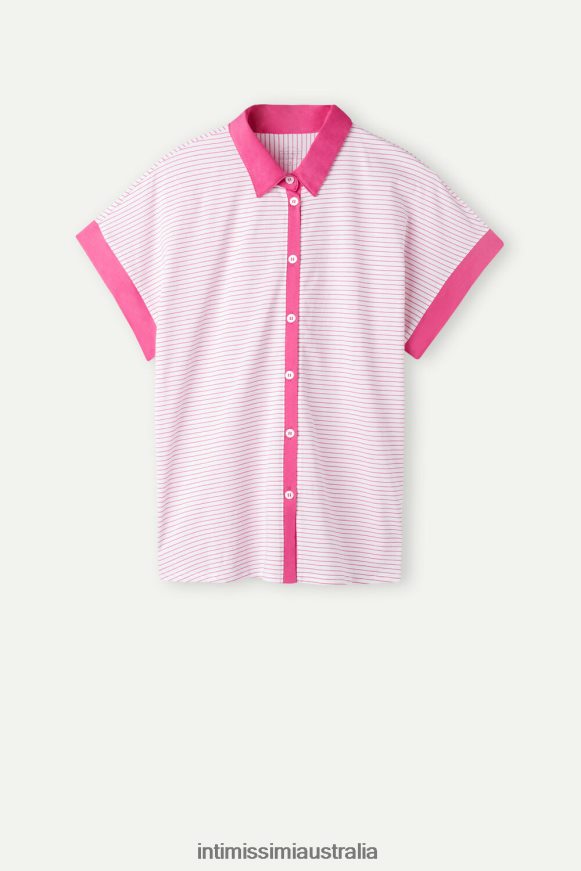Intimissimi Women 247J-Pink Valentine Stripe Apparel 0RJT481539 Strawberry Milkshake Short-Sleeved Ultrafresh Supima Cotton Shirt
