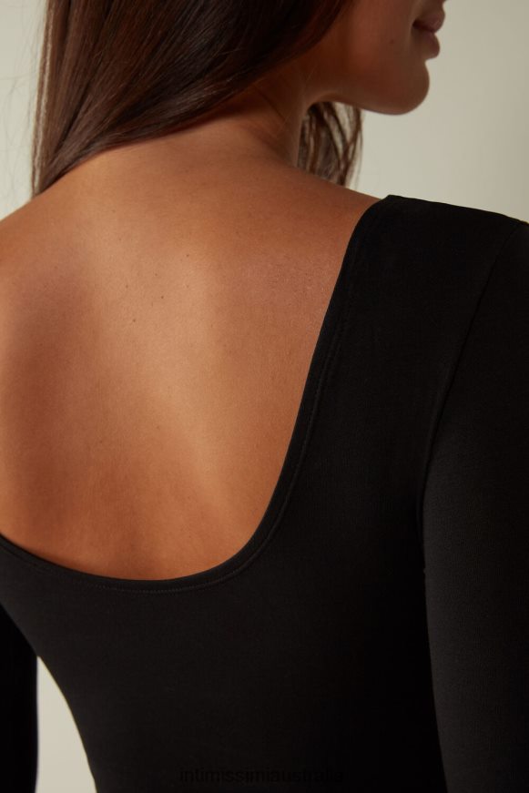 Intimissimi Women 019-Black Apparel 0RJT481465 Long-Sleeve Modal Bodysuit with Scoop Neck