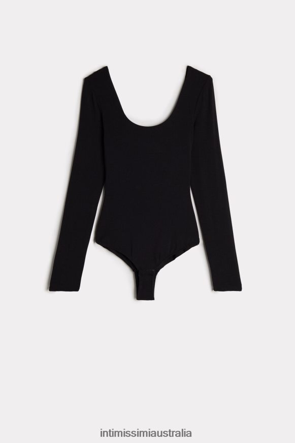 Intimissimi Women 019-Black Apparel 0RJT481465 Long-Sleeve Modal Bodysuit with Scoop Neck