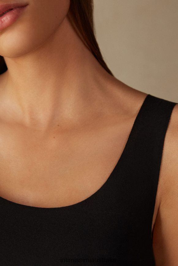 Intimissimi Women 019-Black Apparel 0RJT481466 Raw-Edge Round-Neck Supima Cotton Vest Top