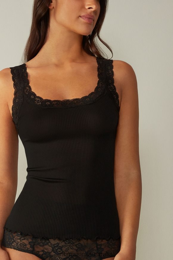 Intimissimi Women 019-Black Apparel 0RJT481476 Silk Top with Lace Neckline
