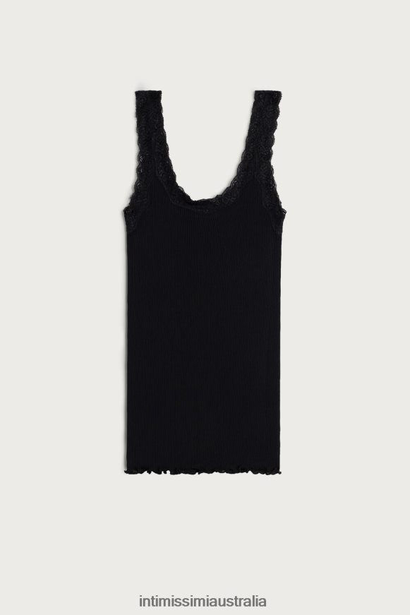Intimissimi Women 019-Black Apparel 0RJT481476 Silk Top with Lace Neckline