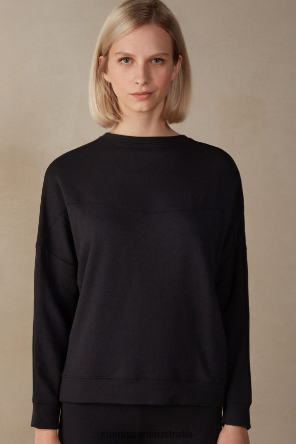 Intimissimi Women 019-Black Apparel 0RJT481342 Modal and Cashmere Fleece Round-Neck Jumper