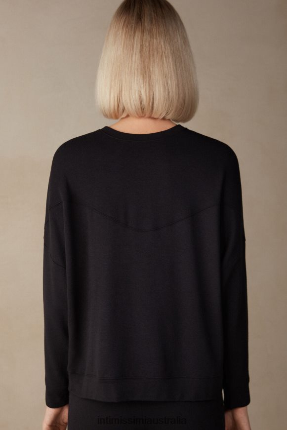 Intimissimi Women 019-Black Apparel 0RJT481342 Modal and Cashmere Fleece Round-Neck Jumper