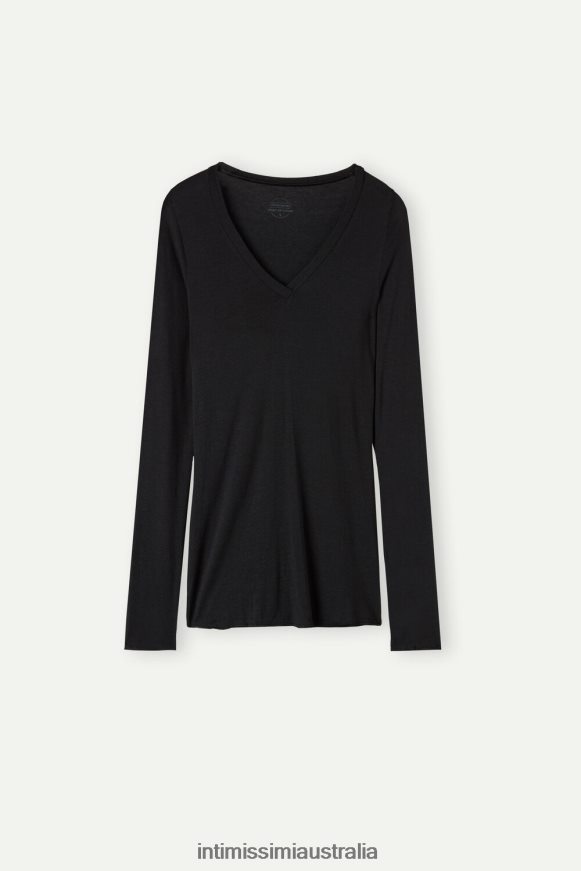 Intimissimi Women 019-Black Apparel 0RJT481356 Ultralight Modal with Cashmere V-Neck Top