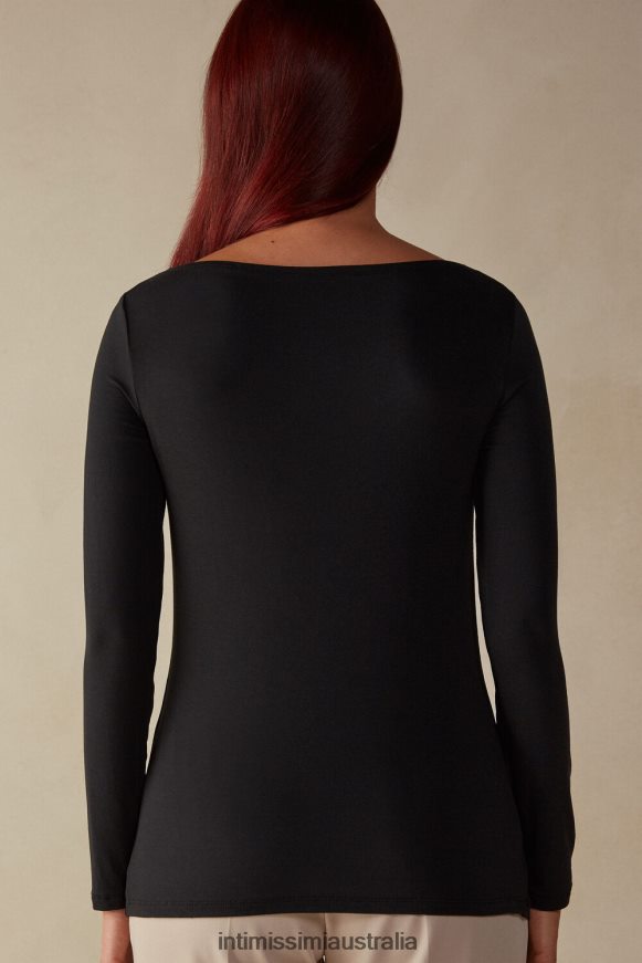 Intimissimi Women 019-Black Apparel 0RJT481359 Long-Sleeved Boat-Neck Micromodal Top