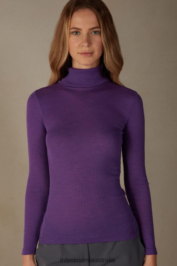 Intimissimi Women 142J-Cosmic Purple Apparel 0RJT481338 Long-sleeve High-Neck Tubular Top in Wool and Silk
