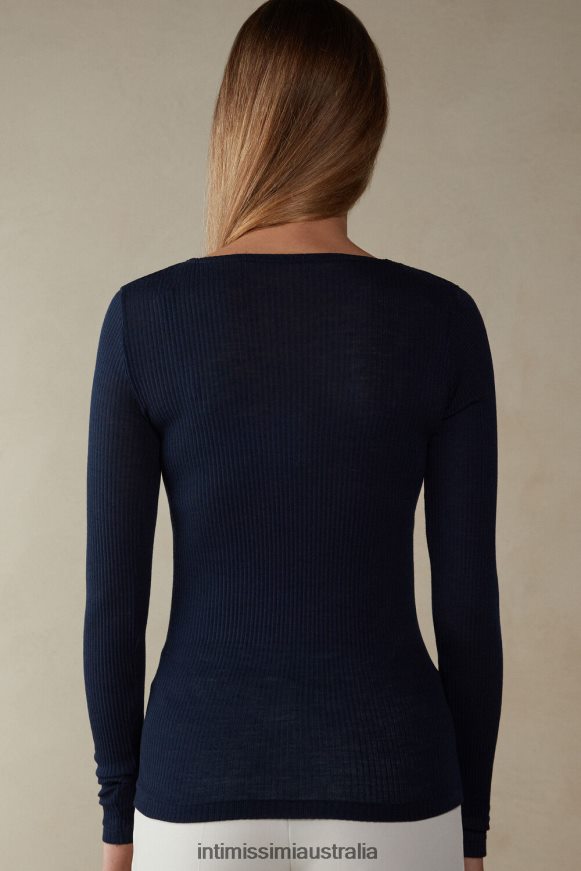 Intimissimi Women 1467-Intense Blue Apparel 0RJT481336 Wool and Silk Long-Sleeved Crew-Neck Max Top