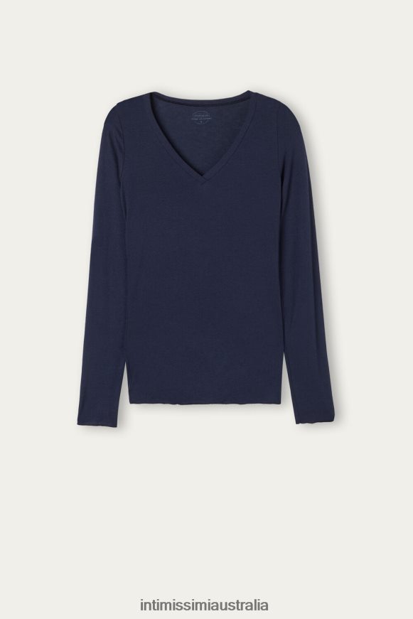 Intimissimi Women 1467-Intense Blue Apparel 0RJT481348 Ultralight Modal with Cashmere V-Neck Top