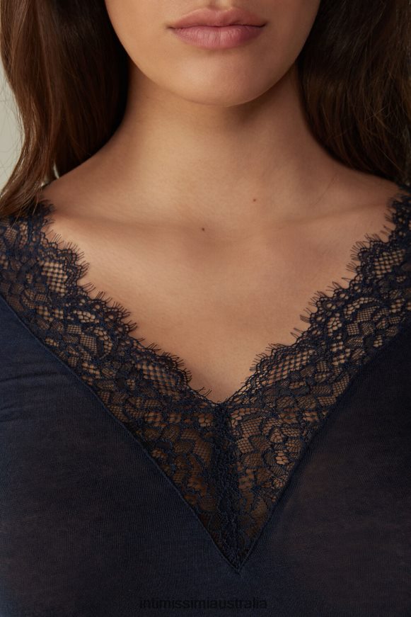 Intimissimi Women 1467-Intense Blue Apparel 0RJT481417 Modal Cashmere Ultralight Long Lace Shirt