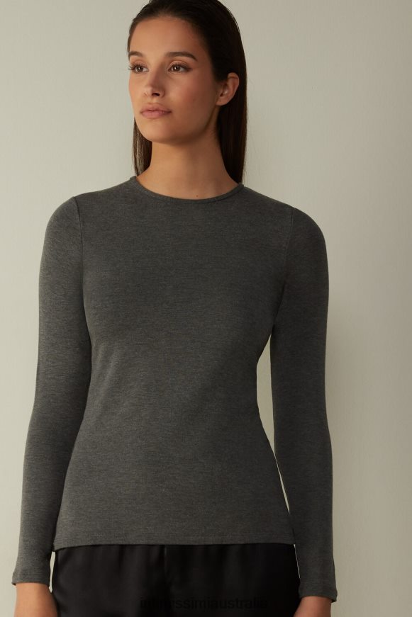 Intimissimi Women 5227-Charcoal Grey Melange Apparel 0RJT481379 Long Sleeve Crewneck Top in Plush Modal with Cashmere